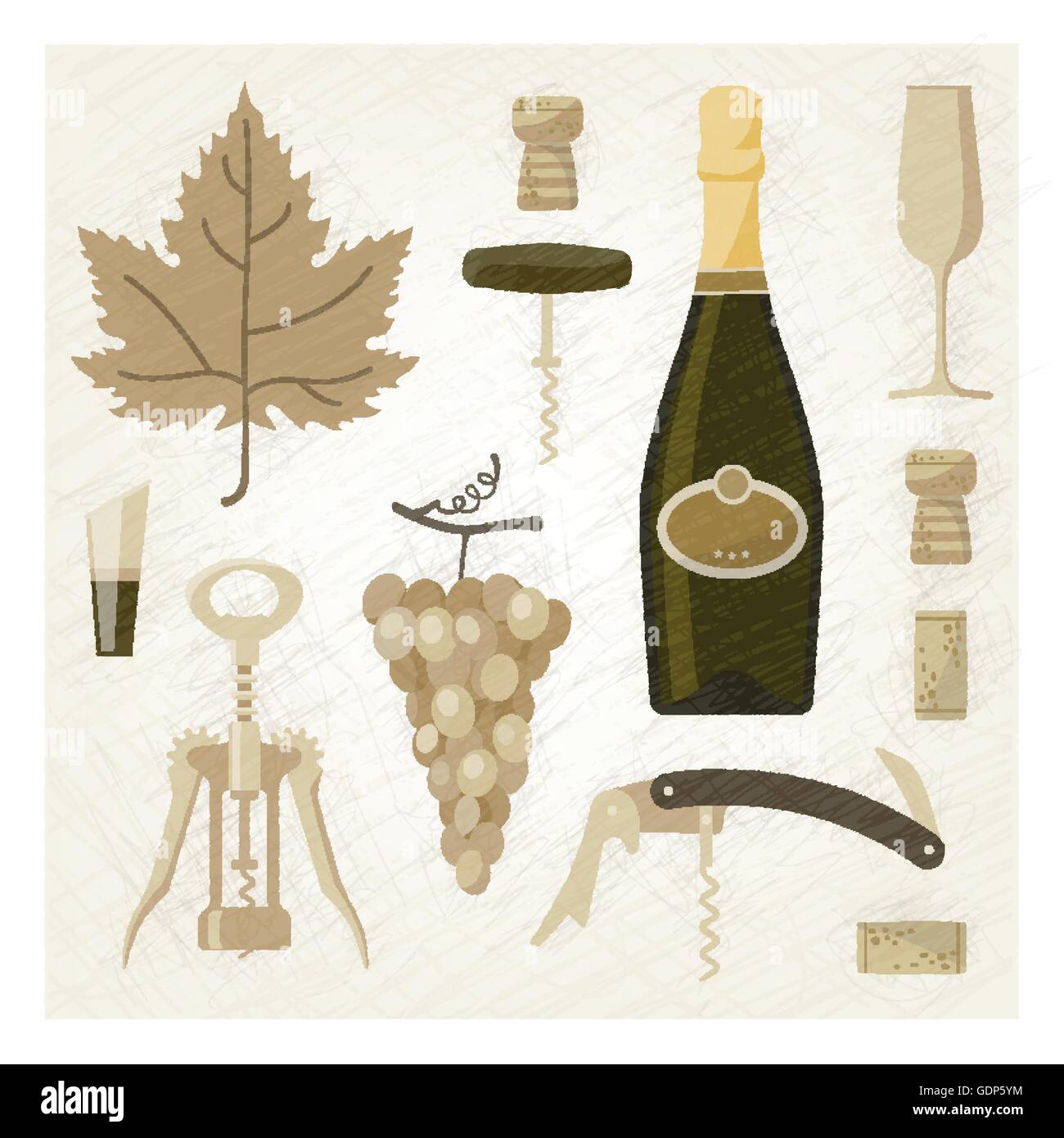 Vin mousseux et blanc vintage illustration avec bouteille de vin, verre, vigne, bouchons et tire-bouchon Illustration de Vecteur