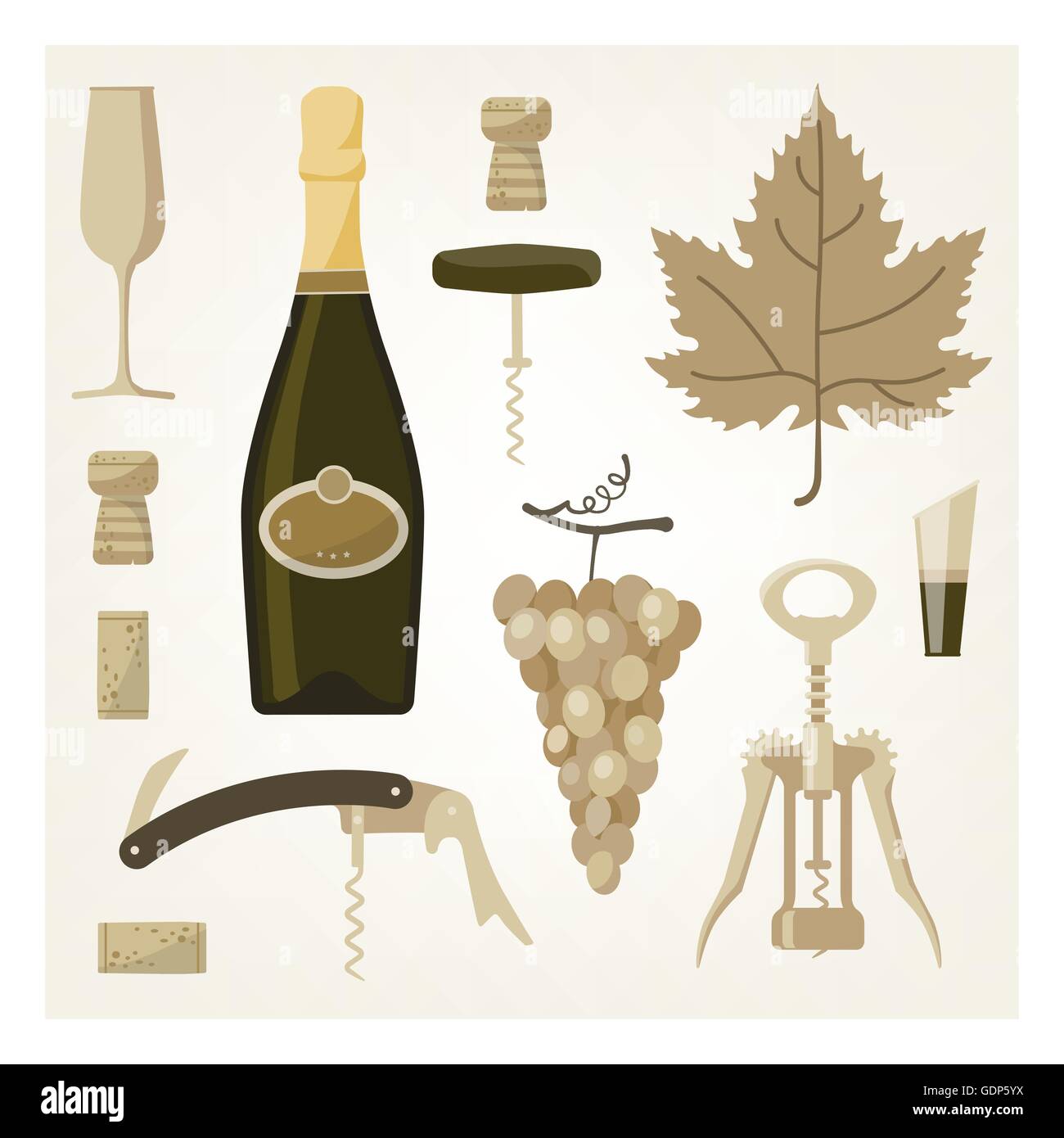 Vin mousseux et blanc vintage illustration avec bouteille de vin, verre, vigne, bouchons et tire-bouchon Illustration de Vecteur