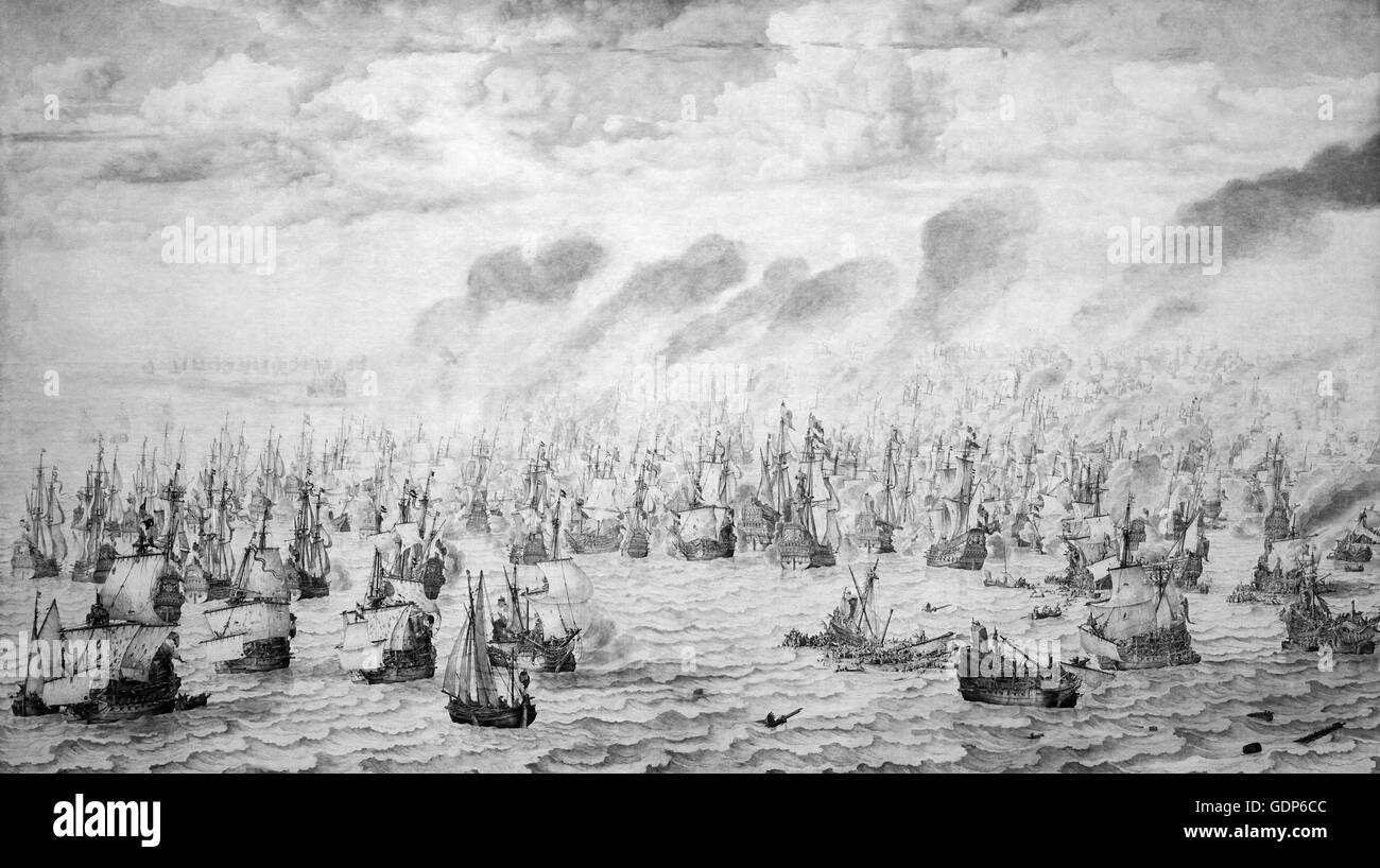 La bataille de Terheide par Willem van de Velde I.1611-1693.Willem van de Velde l'aîné. Peintre marin néerlandais Golden Age. Banque D'Images