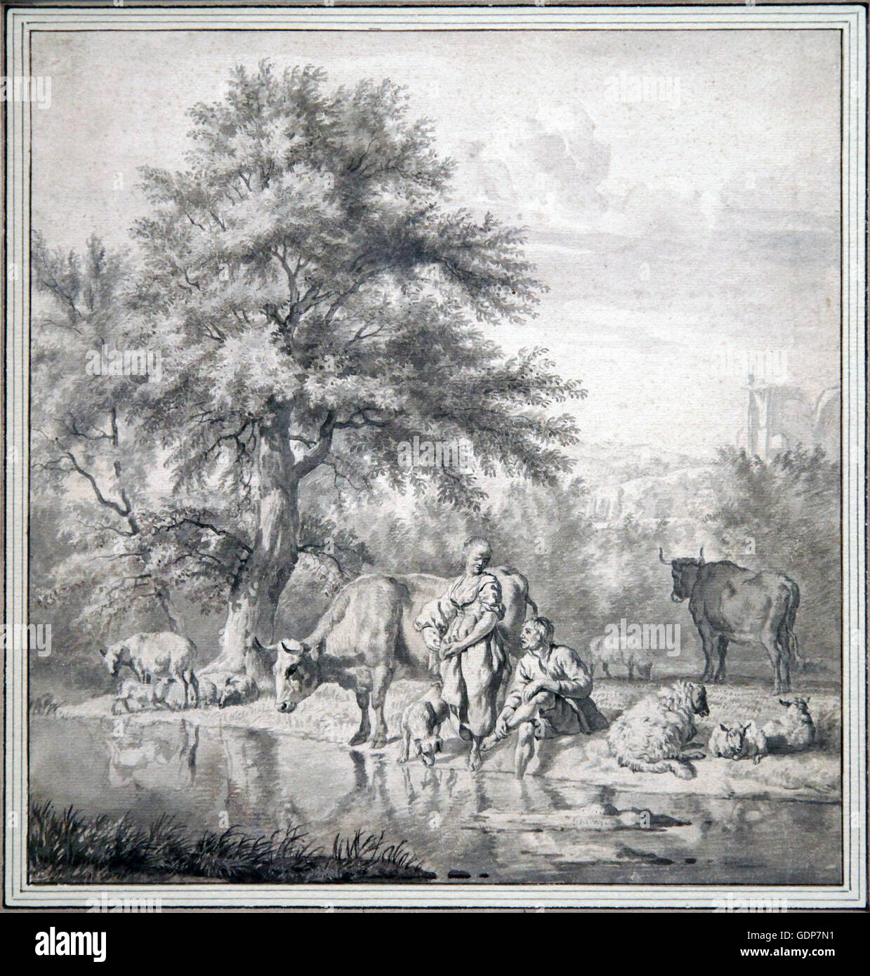 Adriaen van de Velde 1636-1672 un berger et d'une femme avec des vaches et moutons près d'une rivière Banque D'Images