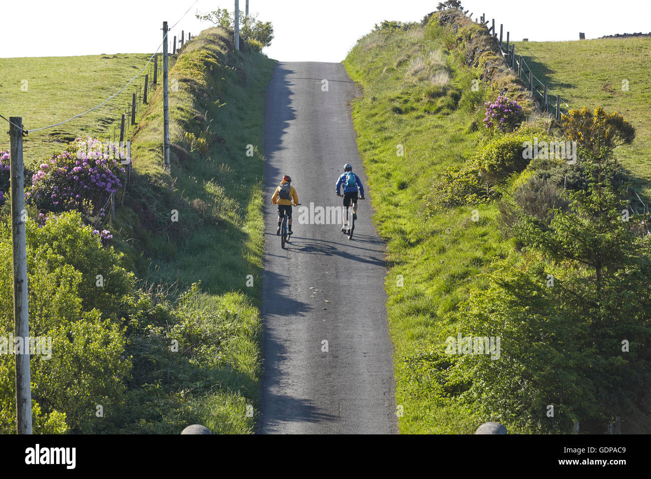 Vue arrière des cyclistes à vélo sur des routes rurales raide Banque D'Images