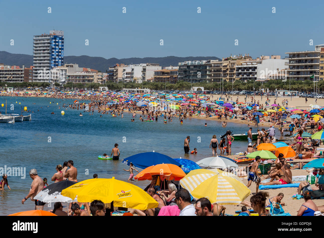 Village de Palamos, Espagne - Juin 28, 2016 : Les gens les vacanciers, le bronzage sur la plage, sur le front de mer dans le village de Palamos, Costa Br Banque D'Images