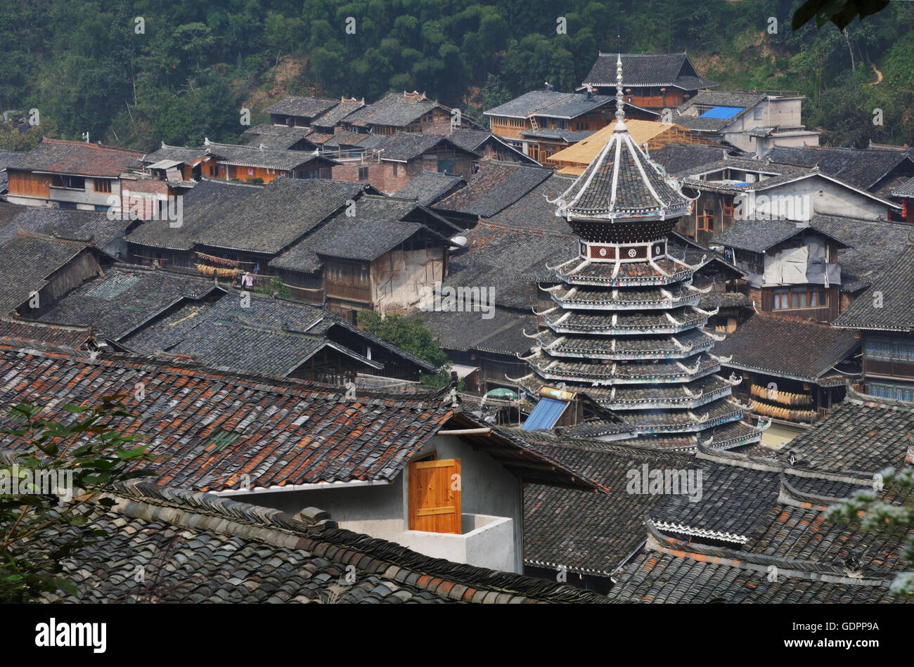 La Tour du Tambour, Zhaoxing, Guizhou, Chine Banque D'Images