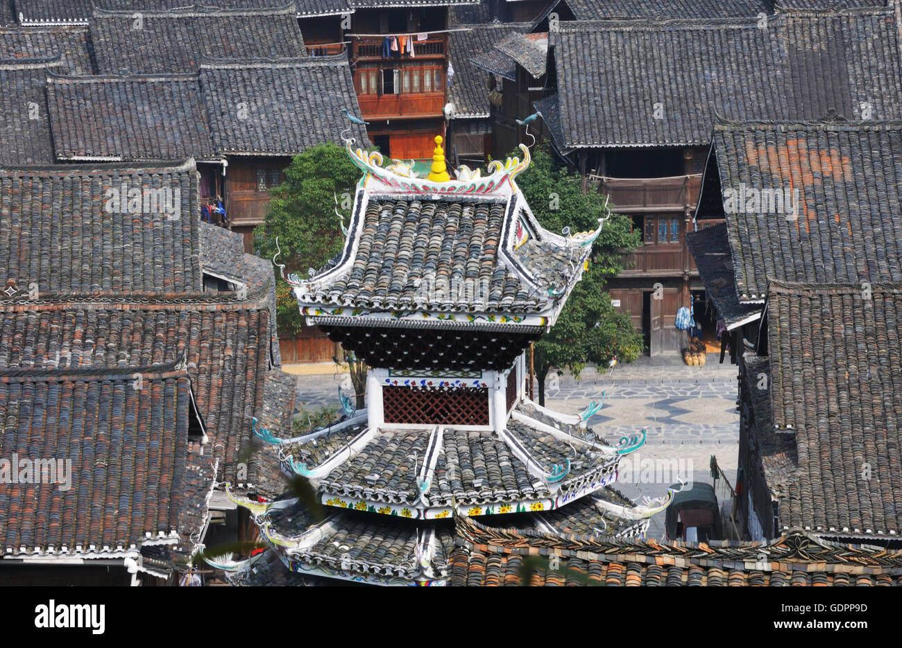 Plafond de la Tour du Tambour, Zhaoxing, Guizhou, Chine Banque D'Images