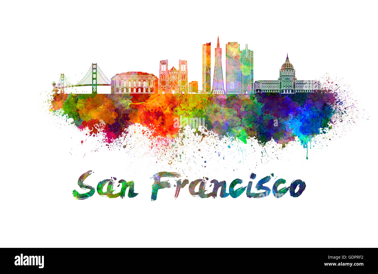 Horizon de San Francisco à l'aquarelle des éclaboussures avec clipping path Banque D'Images