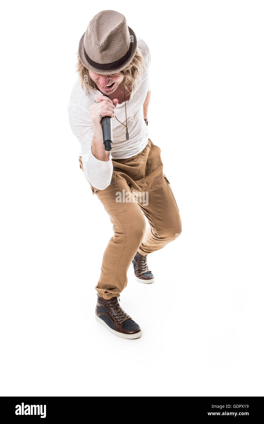 Les hommes avec michrophone studio sur fond blanc Banque D'Images