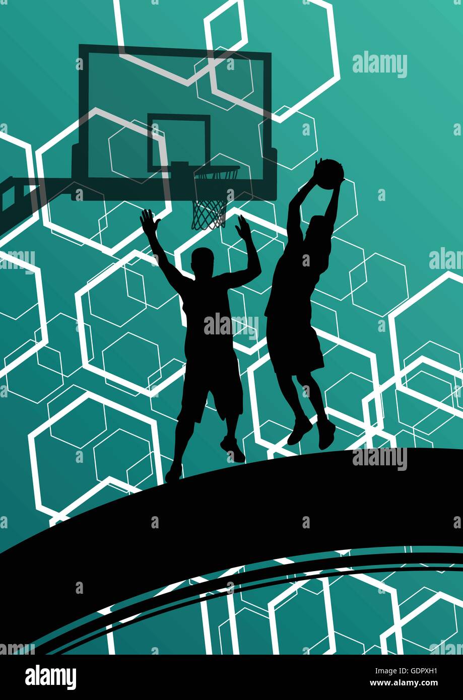 Les jeunes joueurs de basket-ball sport en silhouettes vector illustration d'arrière-plan Illustration de Vecteur