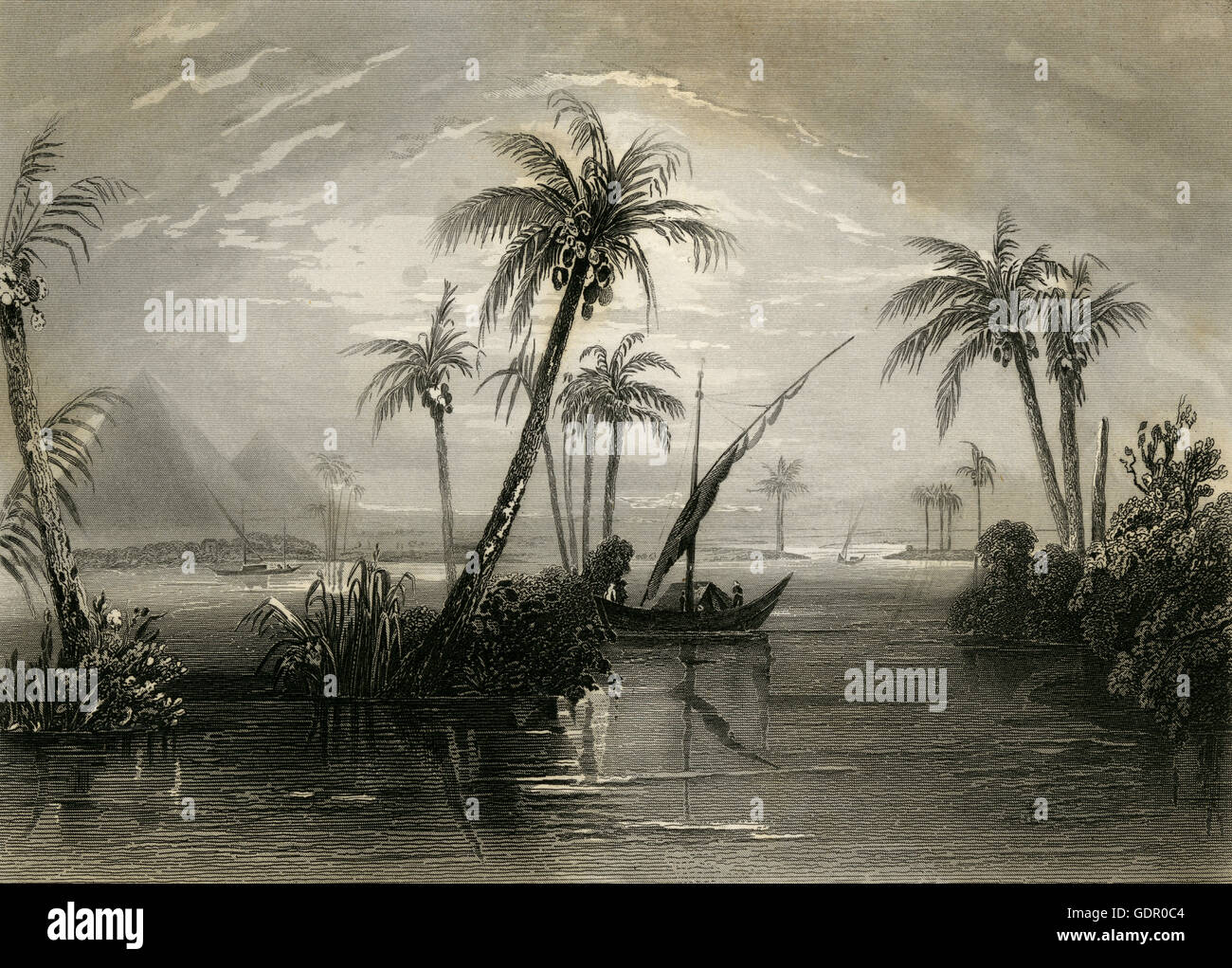 1867, l'Égypte antique gravure et le Nil. SOURCE : gravure sur acier originale. Banque D'Images