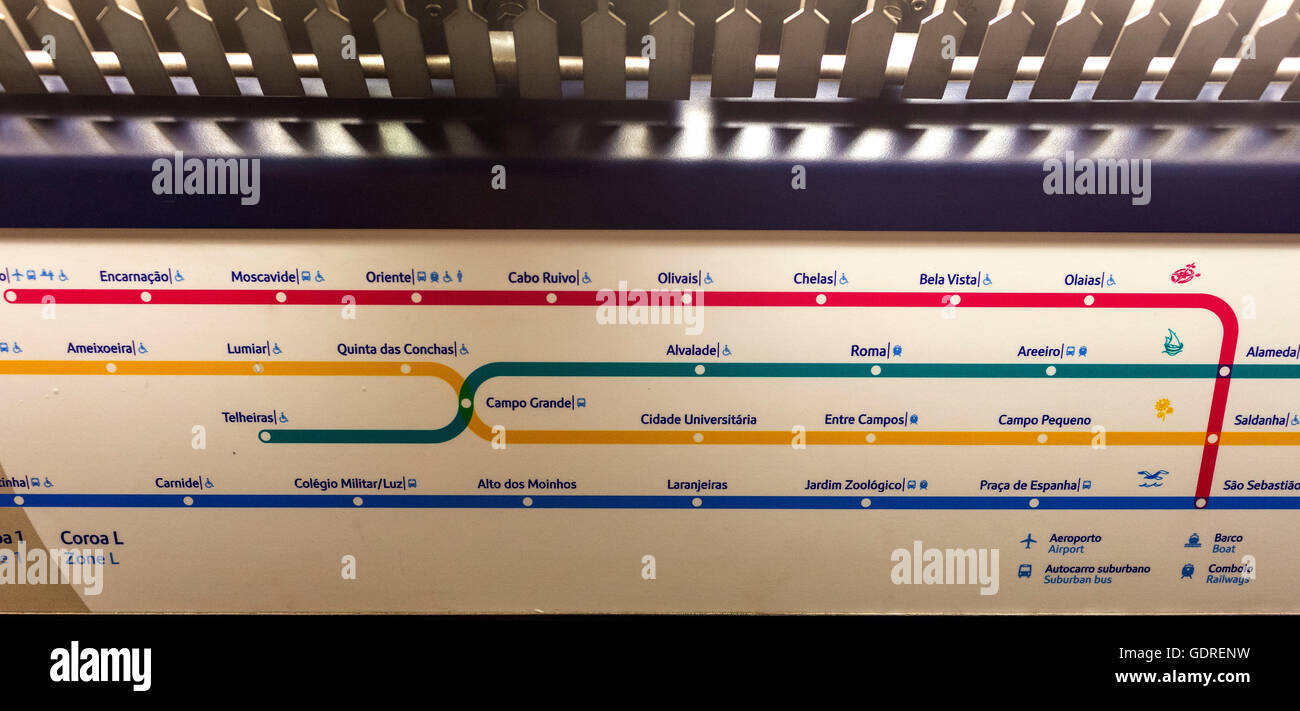 Plan du métro de Métro de Lisbonne, Lisbonne, du district de Lisbonne, Portugal, Europe, voyage