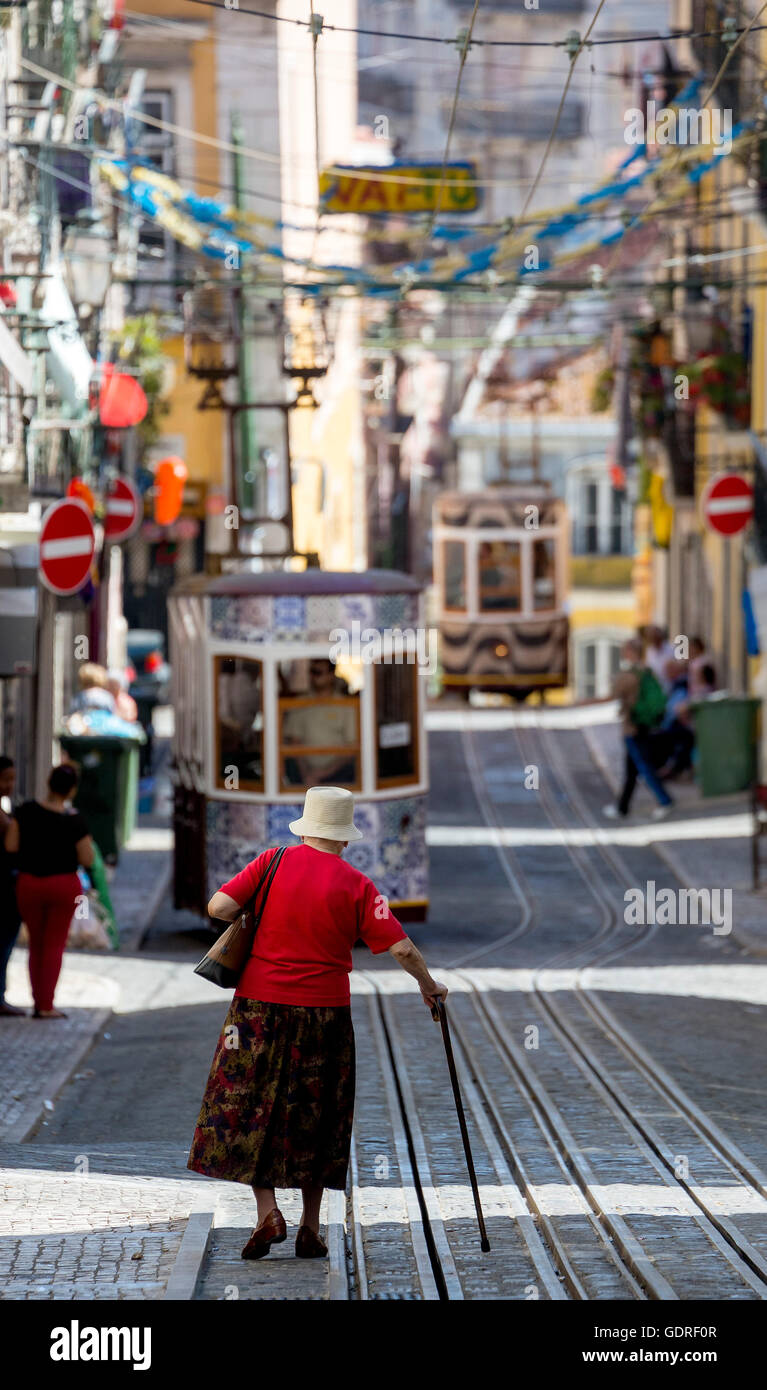 Funiculaire Elevador da Gloria cabine d'un tramway entre la Baixa et Chiado, le plus élevé, Lisbonne, Lisbonne street Banque D'Images