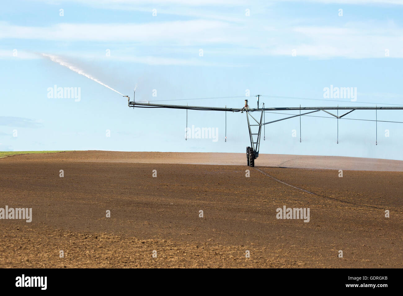 Système d'irrigation à pivot sur une ferme des Prairies canadiennes avec sol de Chernozem brun foncé dans le comté de Wheatland, dans le sud de l'Alberta, au Canada Banque D'Images