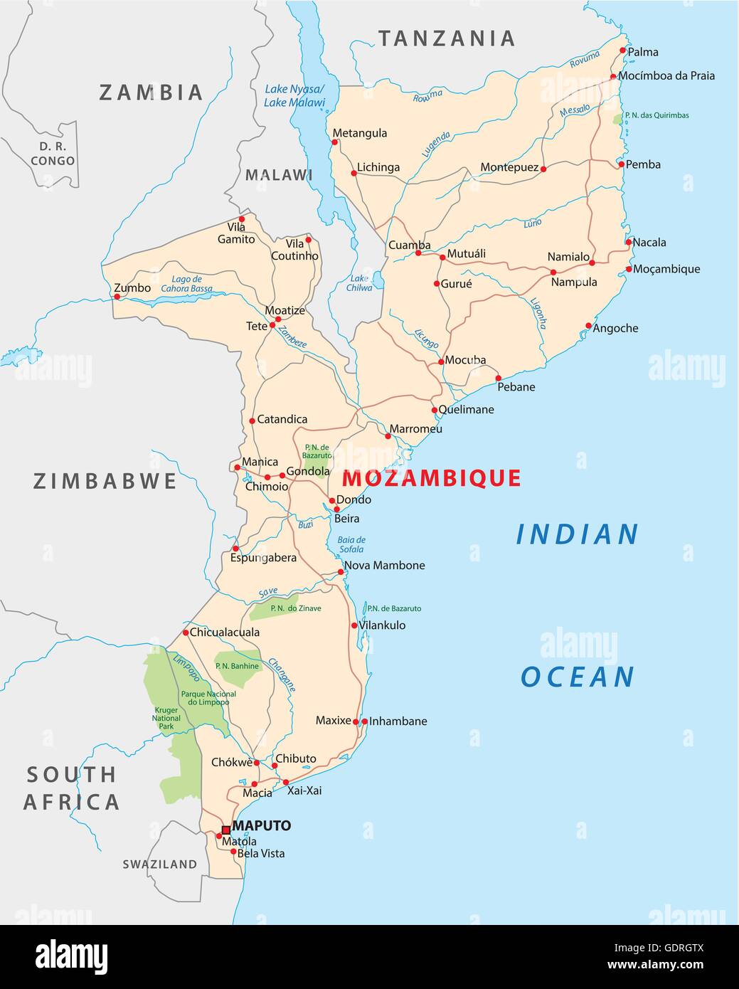 Carte routière de vecteur de l'état de l'Afrique Mozambique Illustration de Vecteur