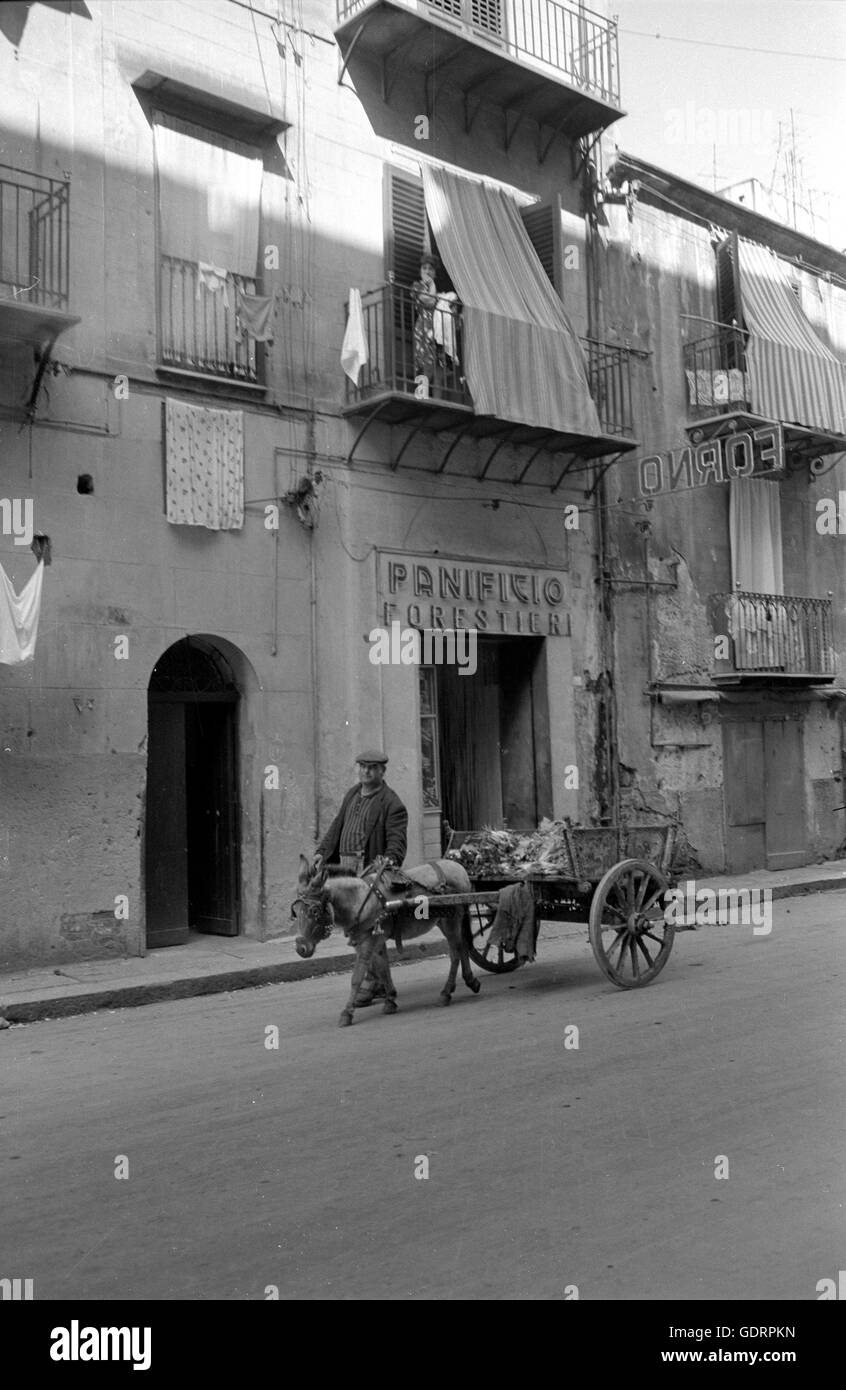 Homme avec un âne dans une rue de Palerme, 1963 Banque D'Images
