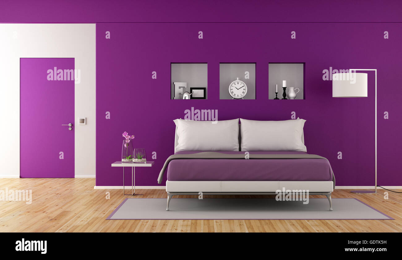 Violet moderne chambre avec lit bad,niche avec objets et décor porte fermée - le rendu 3D Banque D'Images