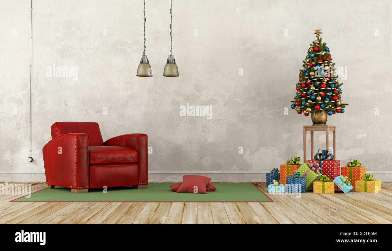 Vintage intérieur avec arbre de Noël coloré présent , et fauteuil rouge - 3D Rendering Banque D'Images