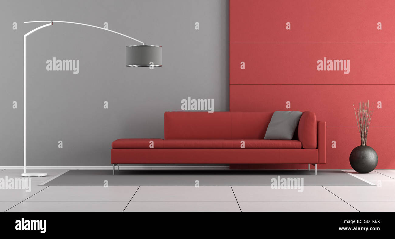 Salon moderne rouge et gris avec un canapé moderne et lampe de plancher - 3D Rendering Banque D'Images