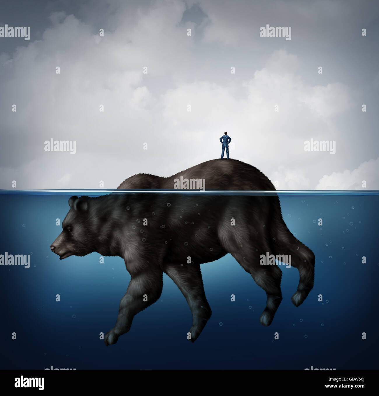 Hidden bear market financial concept comme un naïf ou businessman standing méfiants sur une île qui s'avère être un animal sous l'eau comme métaphore de inconnu les signes de ralentissement économique dans un style 3D illustration. Banque D'Images