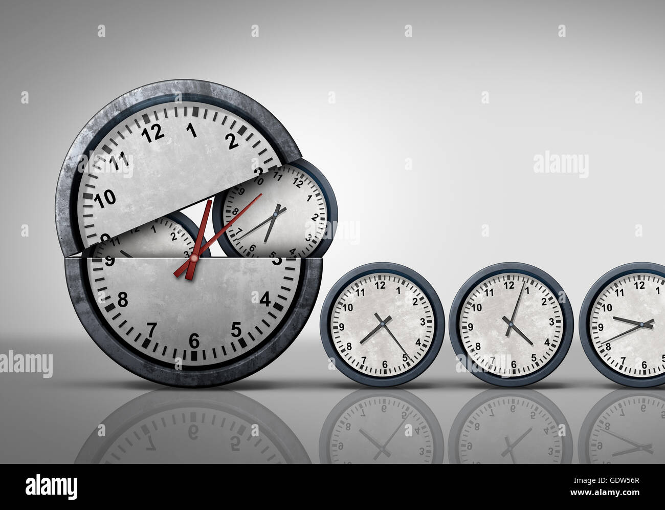 Prendre le temps et concept multitâche comme un symbole pour l'augmentation de l'efficacité de l'entreprise et les heures de travail ou l'horaire de travail de plus en plus occupé que de la gestion d'un réveil plus petites comme une libération horloges 3D illustration. Banque D'Images