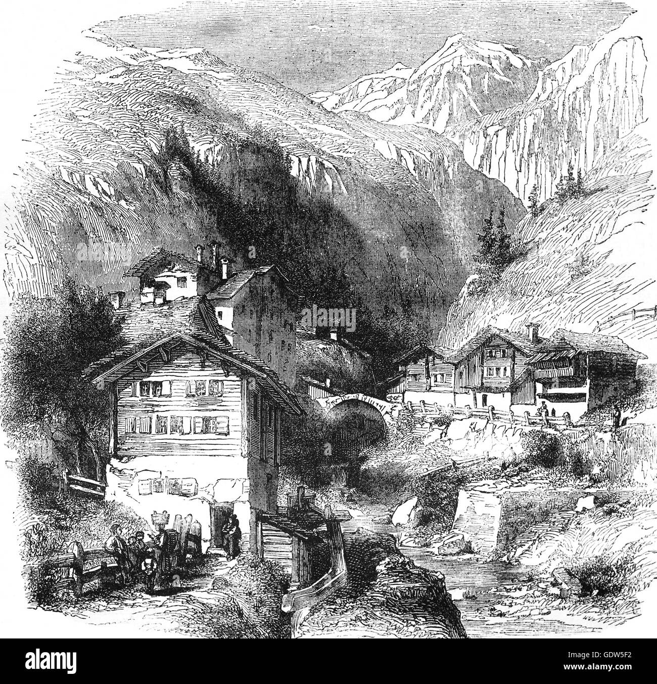 19e siècle dessin de l'Splügen, un haut col de montagne qui marque la limite entre les Lepontine Alpes Rhétiques respectivement, et une partie de l'Ouest et de l'Alpes. Banque D'Images