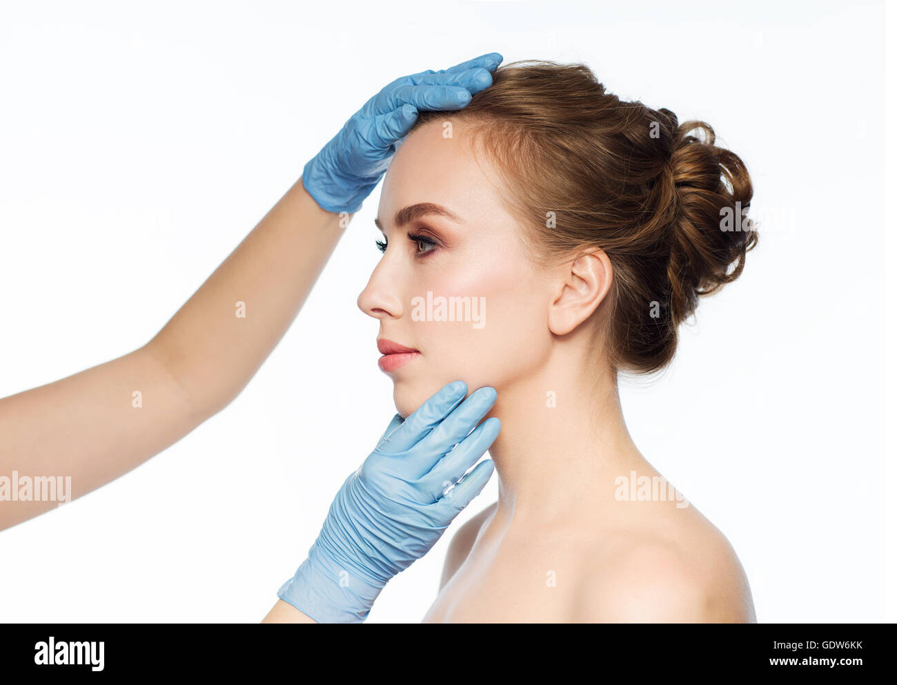 Chirurgien ou toucher les mains coiffeur femme Banque D'Images