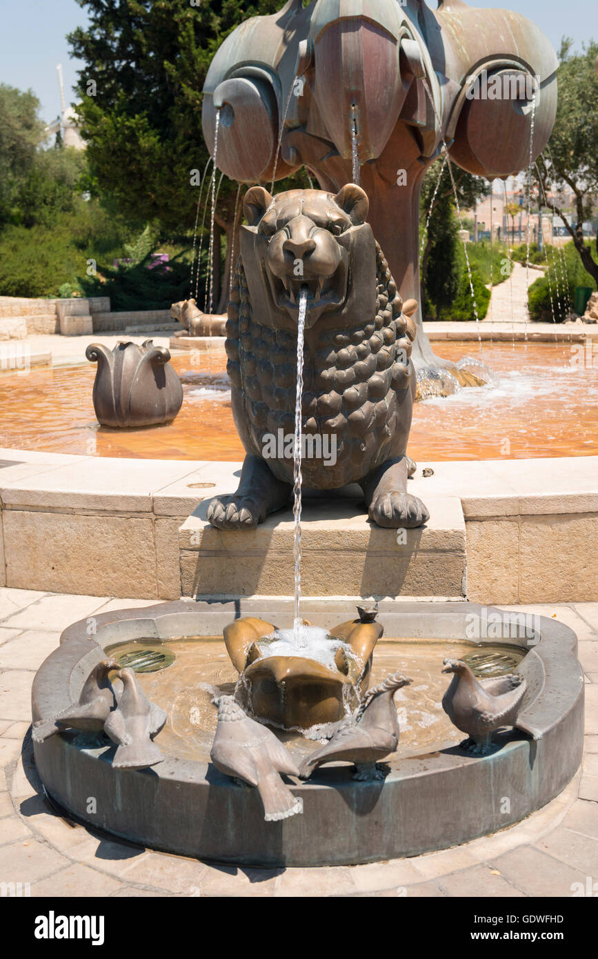 Israël Jérusalem moderne Yemin Moshe La Fontaine Lion Jardins Bloomfield Banque D'Images