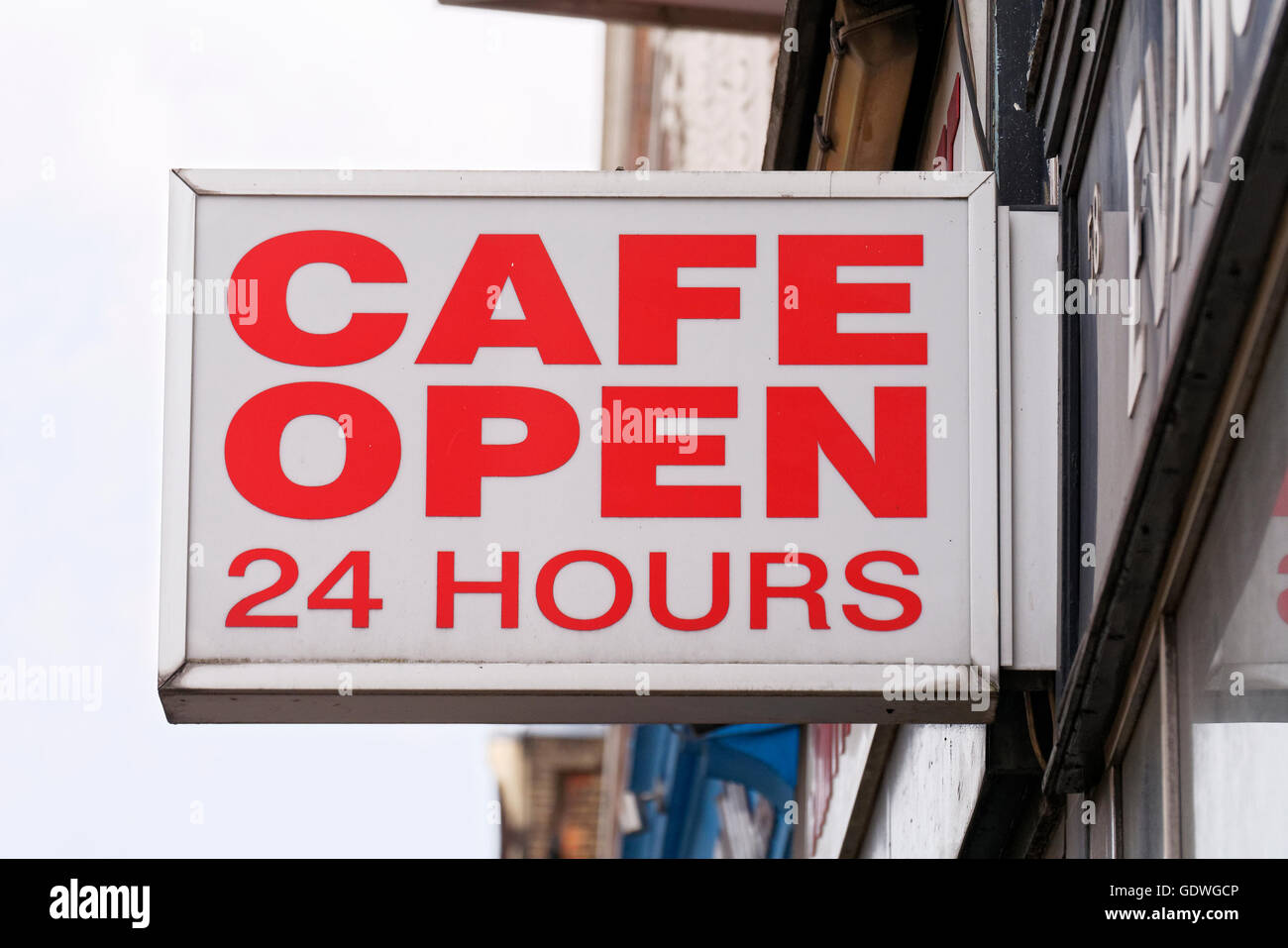 Café 24 heures Open Sign, Londres, Grande-Bretagne Banque D'Images