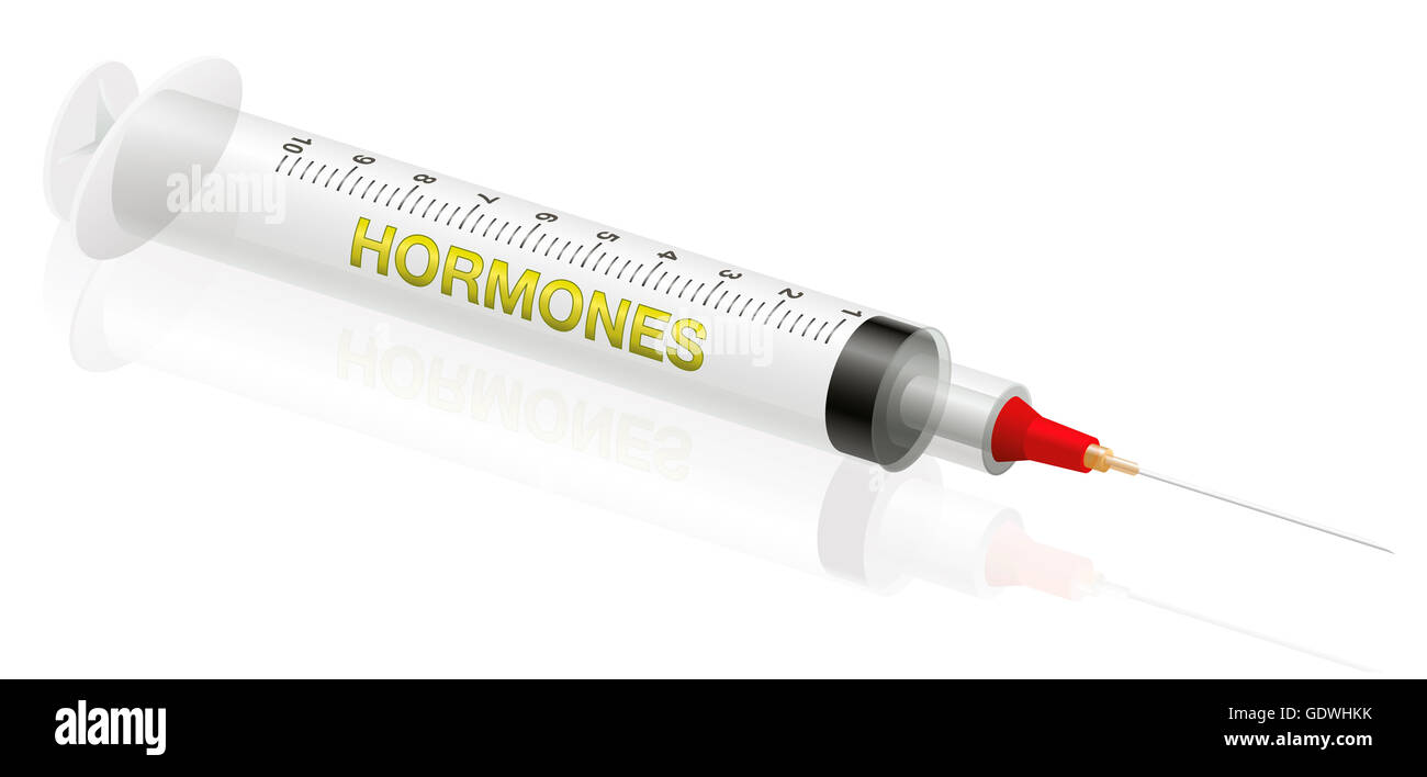 L'injection d'hormones - illustration tridimensionnelle d'une seringue avec le mot HORMONES sur elle. Banque D'Images