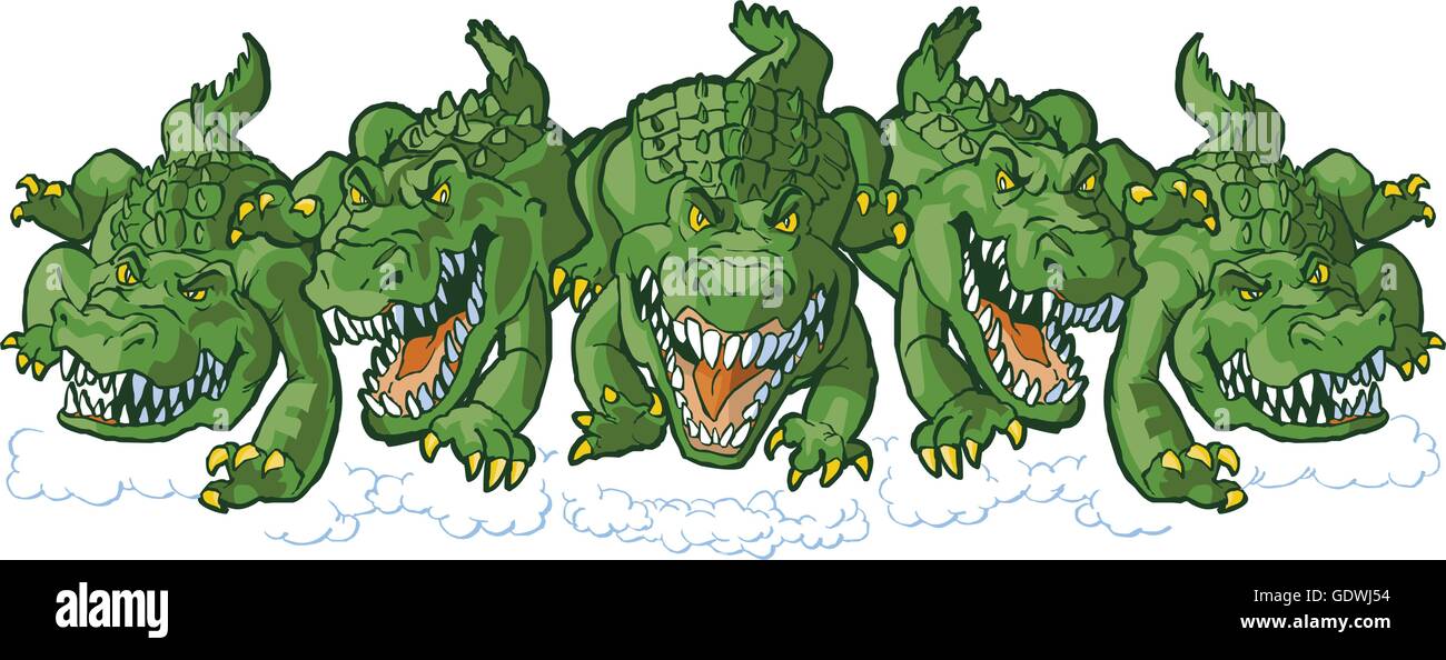 Vector cartoon clip art illustration d'un groupe d'alligators moyenne dure la charge ou mascottes courir vers l'avant. Illustration de Vecteur