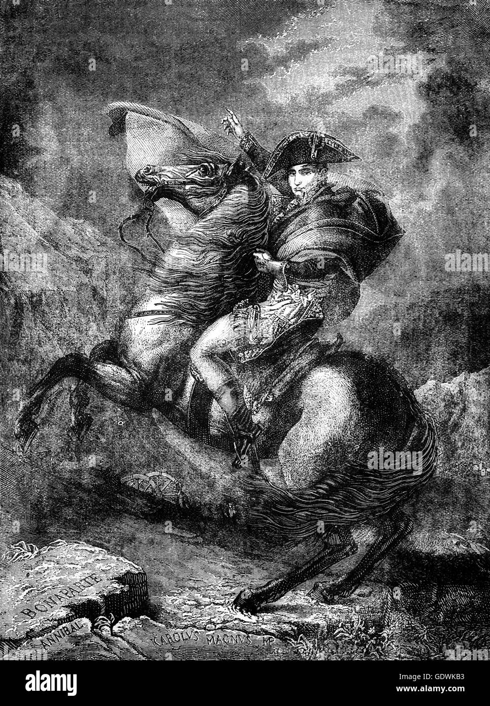 Napoléon traversant les Alpes, une vision idéalisée de l'armée de Napoléon et son crossingthe à travers les Grandes Alpes Col St Bernard en mai 1800 avant la bataille de Marengo. Banque D'Images