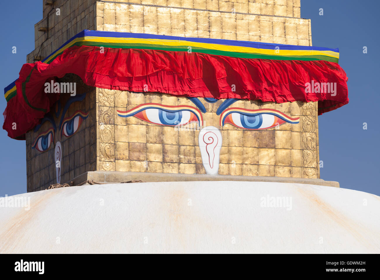 Stupa de Boudhanath, yeux Détail, Katmandou, Népal Banque D'Images