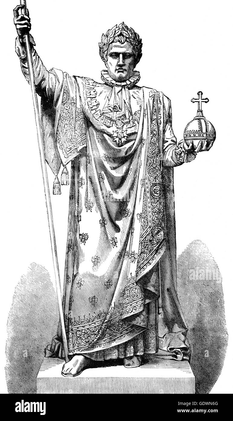 Une statue de Napoléon Bonaparte (1769 - 1821) était un militaire français et dirigeant politique qui a pris de l'importance au cours de la Révolution française et a mené plusieurs campagnes réussies durant les guerres révolutionnaires. Comme Napoléon Ier, il fut empereur des Français de 1804 jusqu'en 1814, et de nouveau en 1815. Banque D'Images