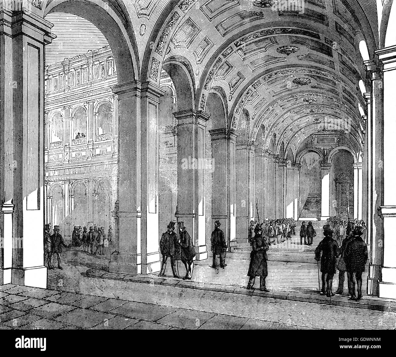 Galerie conduisant à la salle du Conseil d'Etat, un organe de l'anglais gouvernement national qui agit à la fois comme conseiller juridique de l'exécutif et que la Cour suprême de la justice administrative. Créé en 1799 par Napoléon Bonaparte comme un successeur pour le conseil du roi, il est situé dans le Palais-Royal, à Paris. Banque D'Images