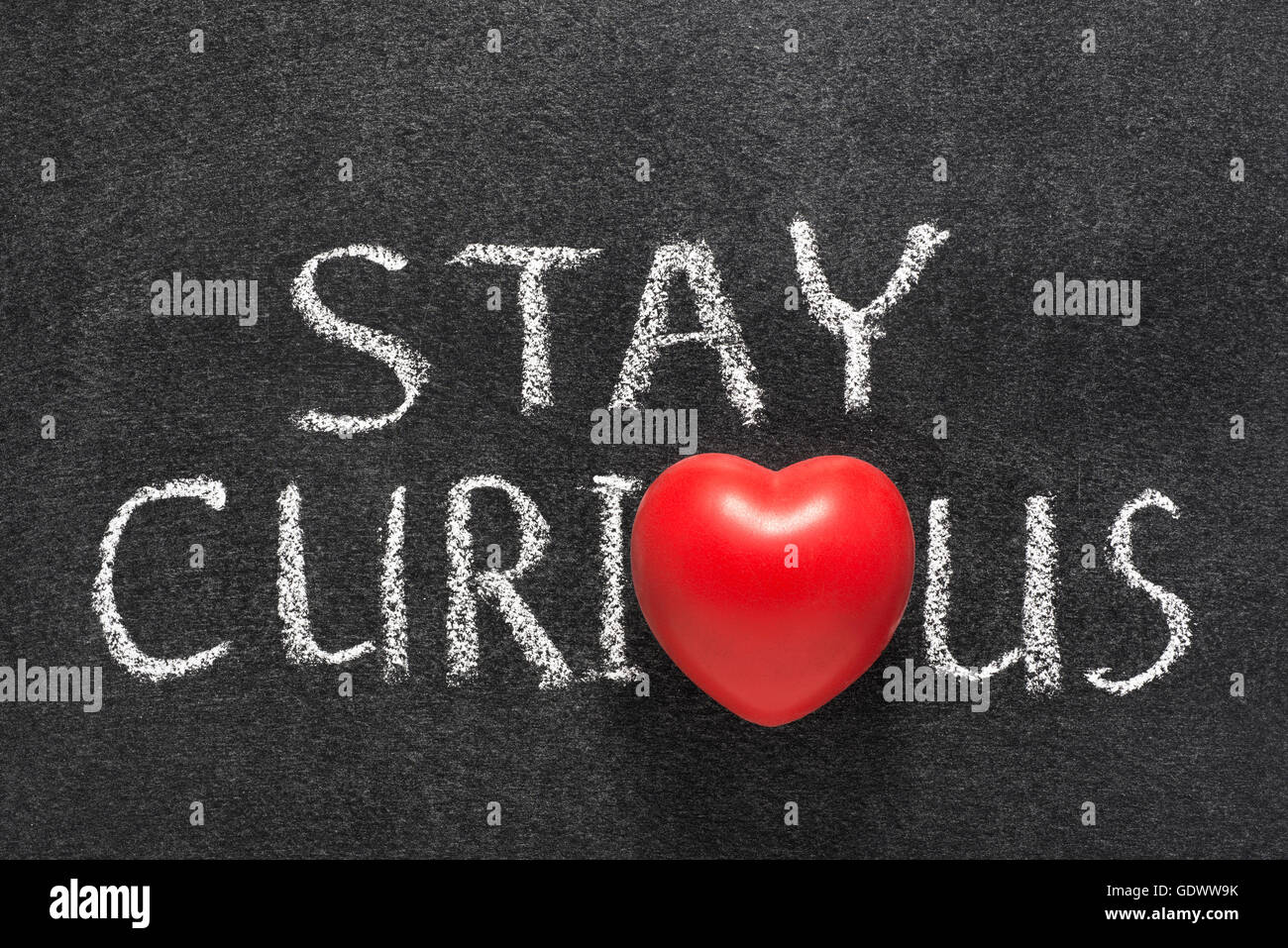 Restez curieux de phrase à la main sur tableau noir avec le symbole de coeur au lieu d'O Banque D'Images