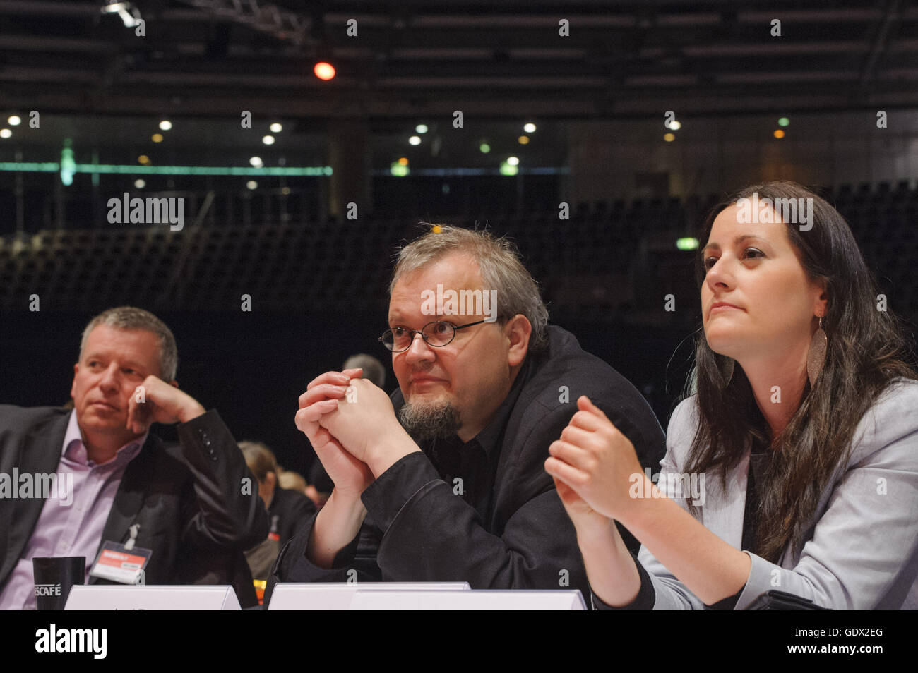 Thomas Nord, Tobias Pflüger et Janine Wissler à Berlin, Allemagne, 2014 Banque D'Images