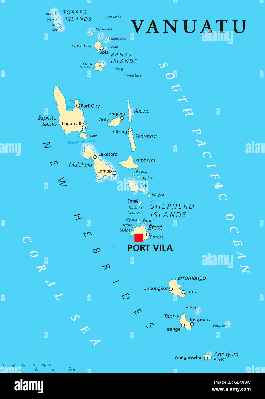 Carte politique de Vanuatu à Port Vila capitale. République et nation insulaire dans l'océan Pacifique Sud. Nouvelles Hébrides. Banque D'Images