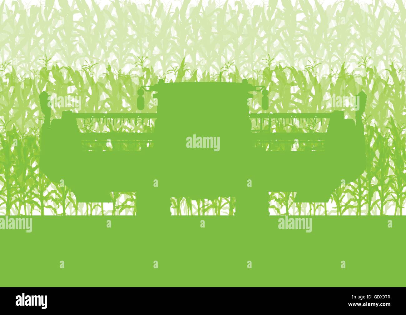 Champ de maïs de la récolte avec une moissonneuse-batteuse écologie vert alimentation biologique résumé automne rural Illustration de Vecteur