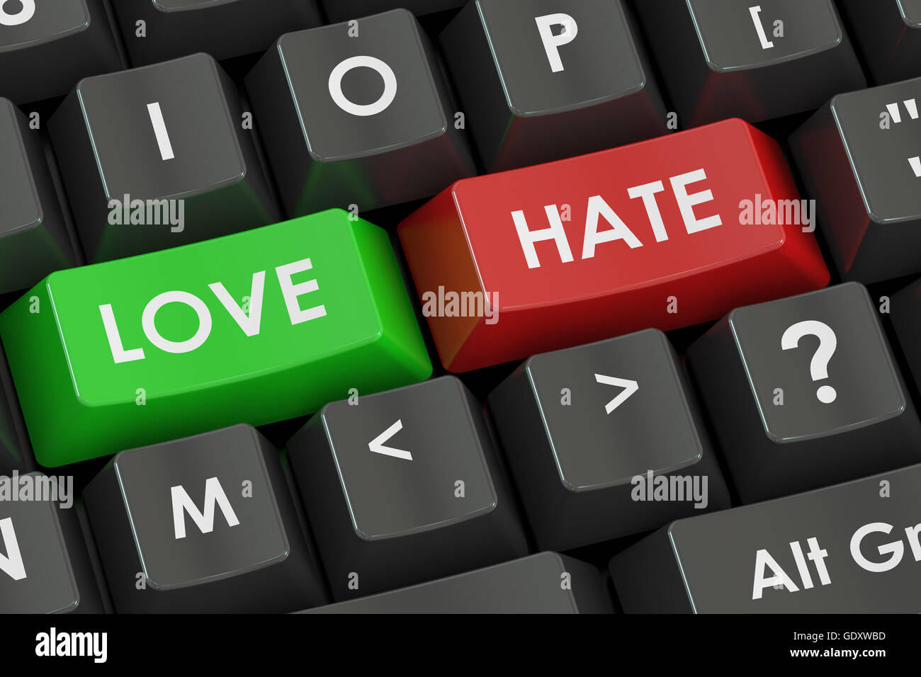 Concept d'amour et de haine sur le clavier noir, 3D Rendering Banque D'Images