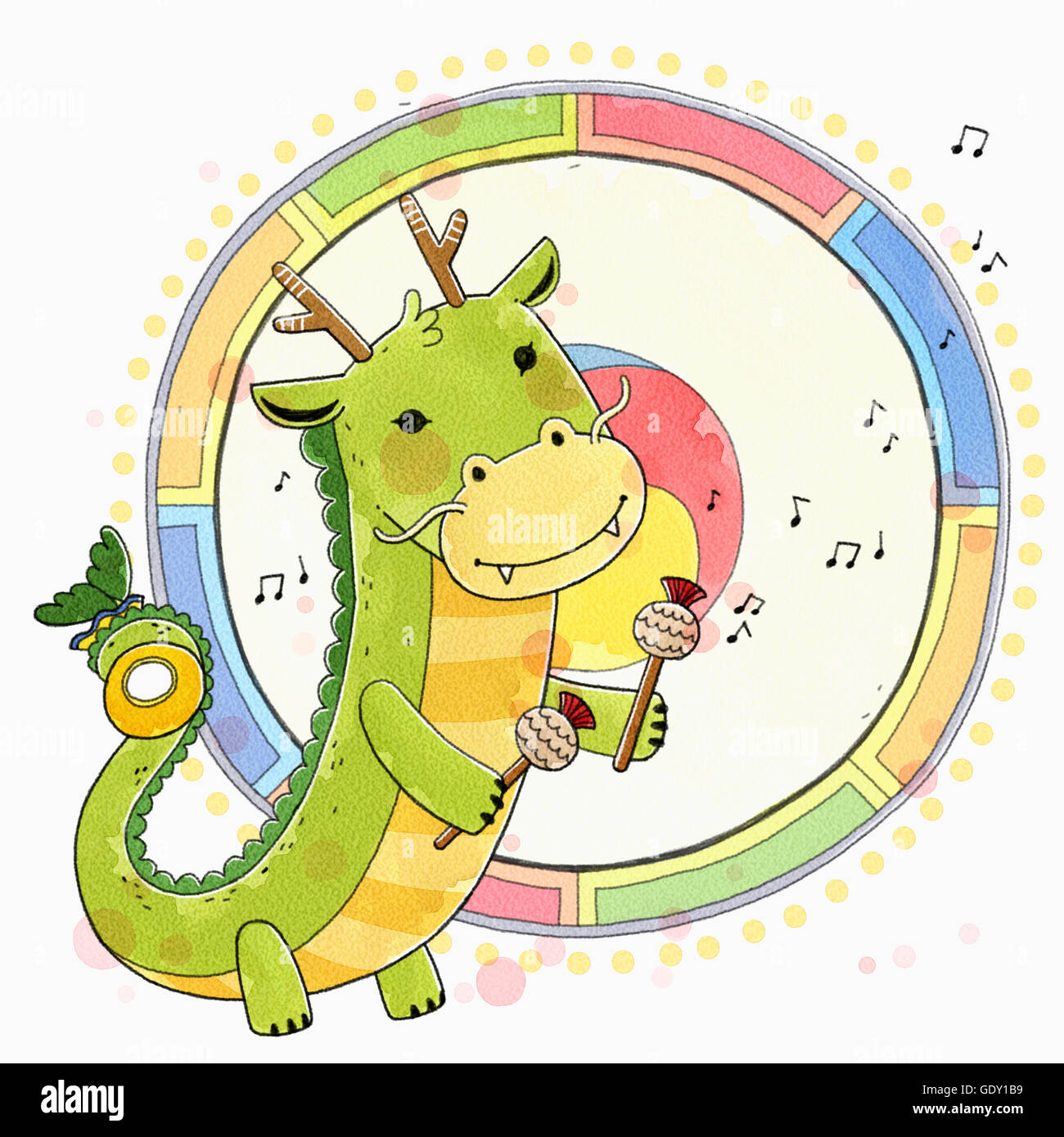 Dragon aquarelle la lecture d'un grand tambour Banque D'Images