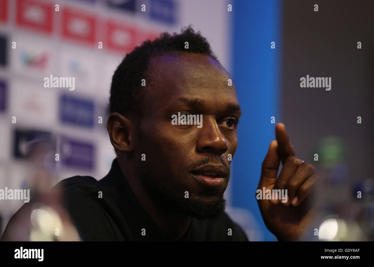 Usain Bolt pose au cours de sa conférence de presse à l'hôtel Grange Tower Bridge Hotel, Londres. Banque D'Images