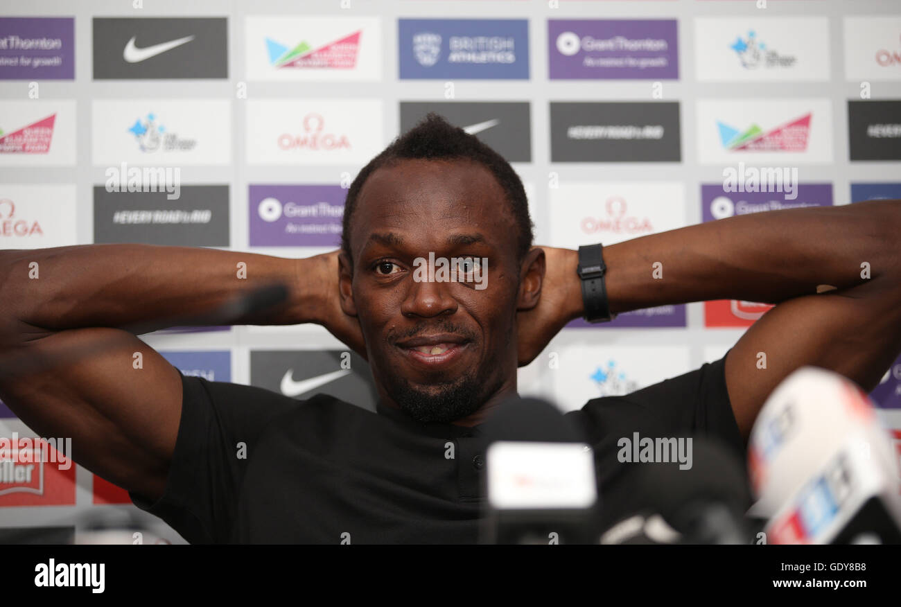 Usain Bolt pose au cours de sa conférence de presse à l'hôtel Grange Tower Bridge Hotel, Londres. Banque D'Images