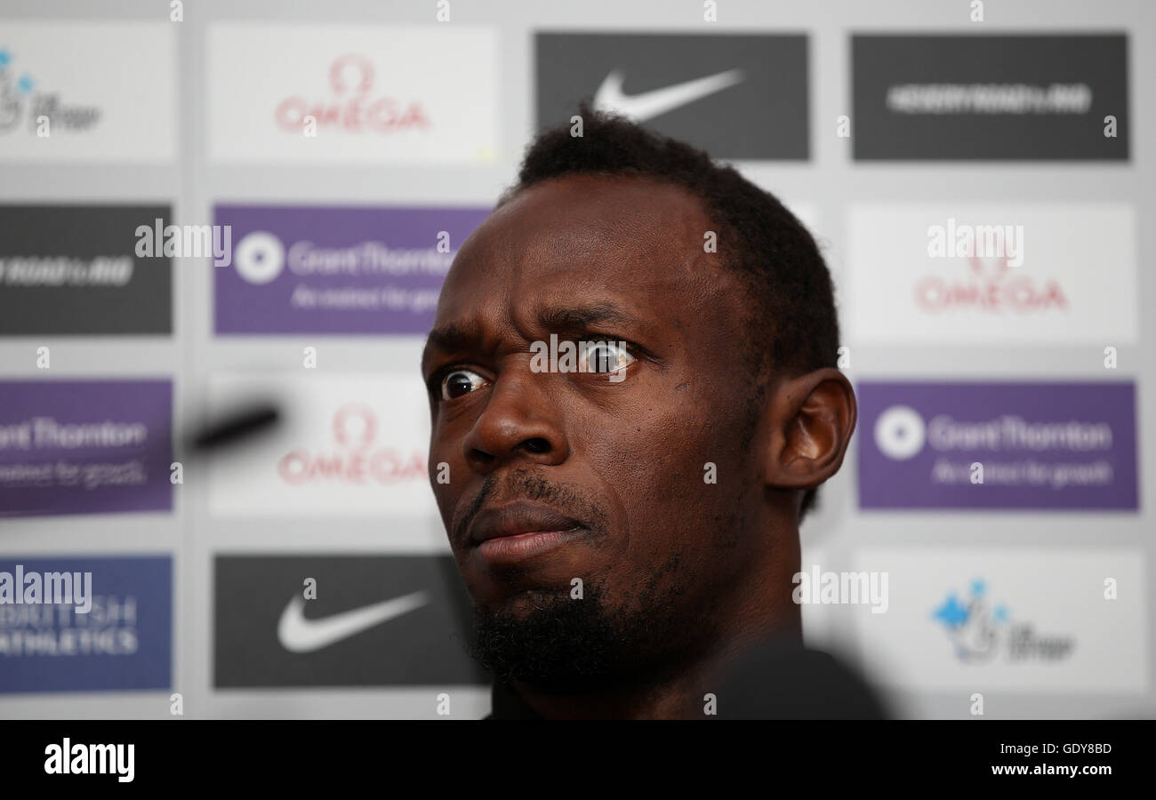 Usain Bolt pose au cours de sa conférence de presse à l'hôtel Grange Tower Bridge Hotel, Londres. Banque D'Images