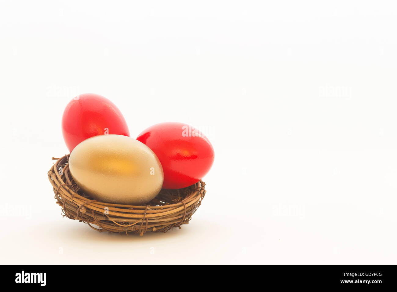 Deux oeufs rouge et une d'or egg in nest reflètent des choix importants dans des affaires et investir. Copie de l'espace sur fond blanc. Banque D'Images