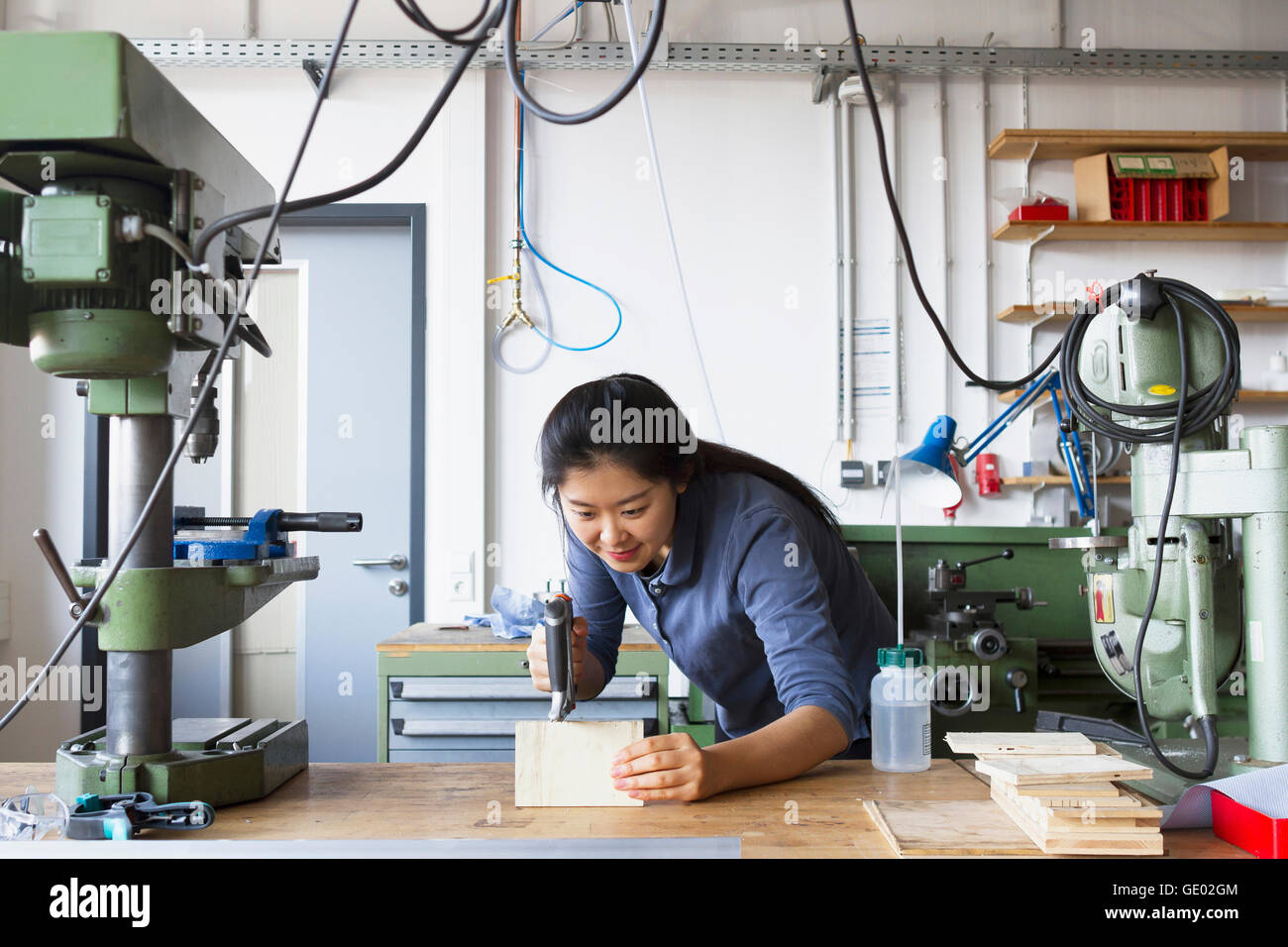 Young female carpenter scier un morceau de bois dans une installation industrielle, Freiburg im Breisgau, Bade-Wurtemberg, Allemagne Banque D'Images