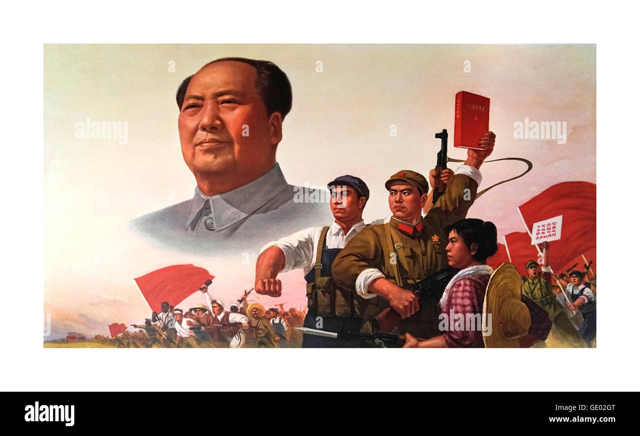 1960 Chine révolution culturelle chinoise affiche présentant l'ère historique 'book' et le président Mao Tse-tung Banque D'Images