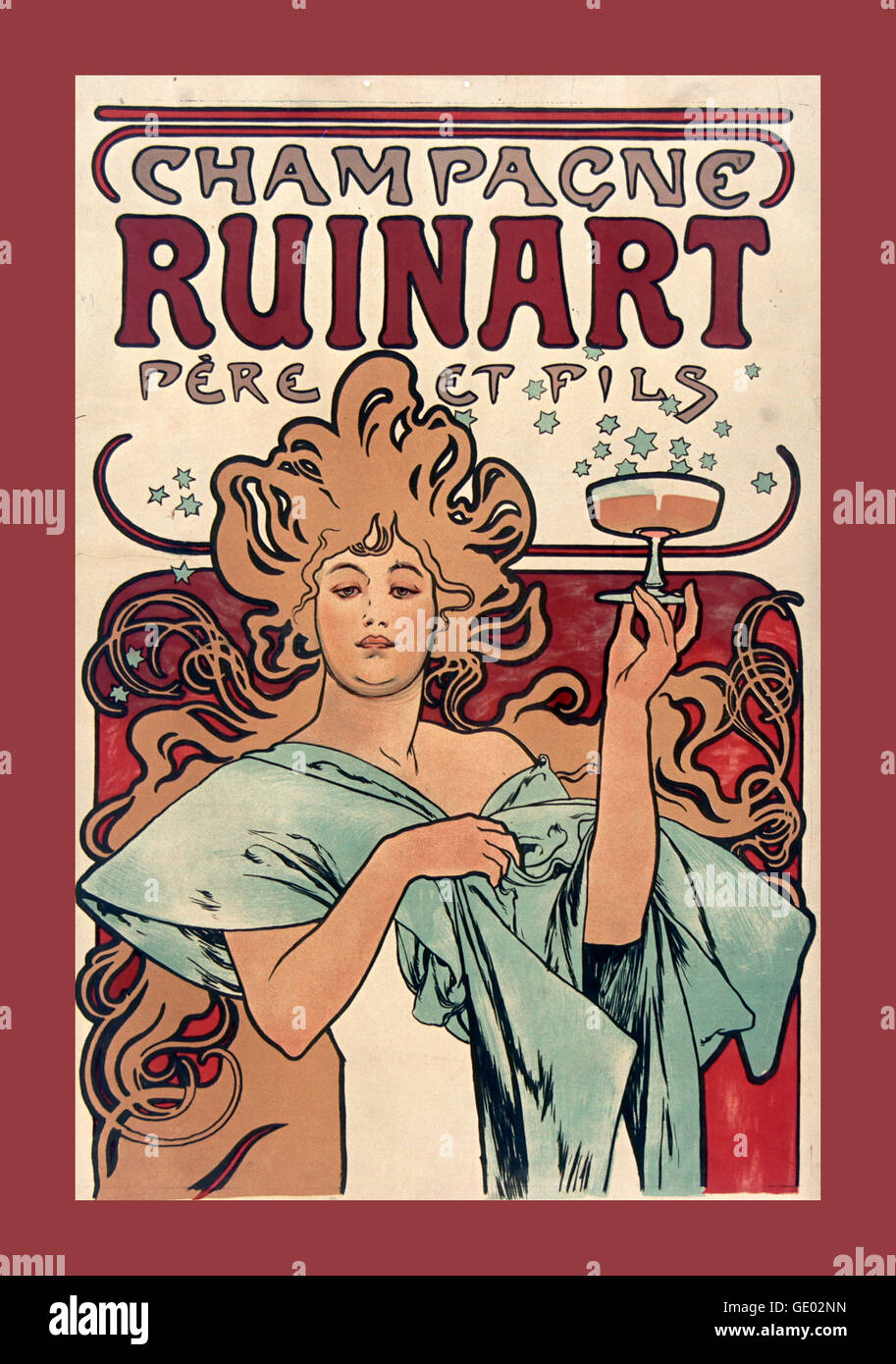 Années 1900 Vintage Art Déco affiche présentant la Maison de Champagne Ruinart, champagne exclusivement depuis 1729. Fondée par Nicolas Ruinart en Champagne dans la région de ville de Reims France Banque D'Images