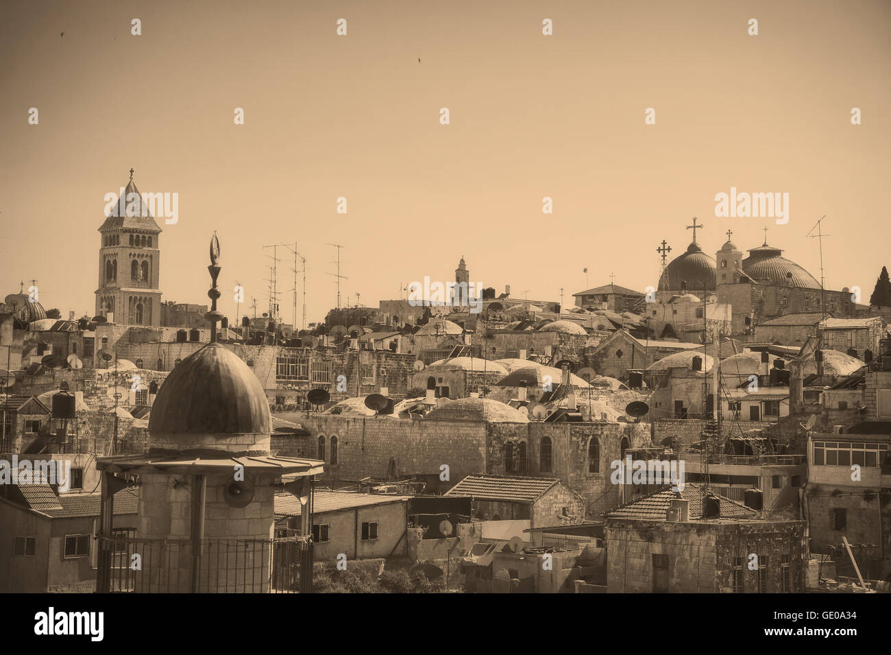 Vue sur la vieille ville de Jérusalem, effet photo vintage Banque D'Images