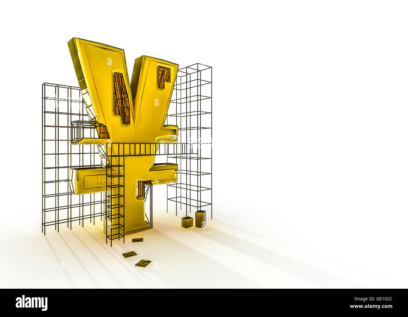 Le bâtiment yen / 3D render of yen symbol et cadres de la construction Banque D'Images