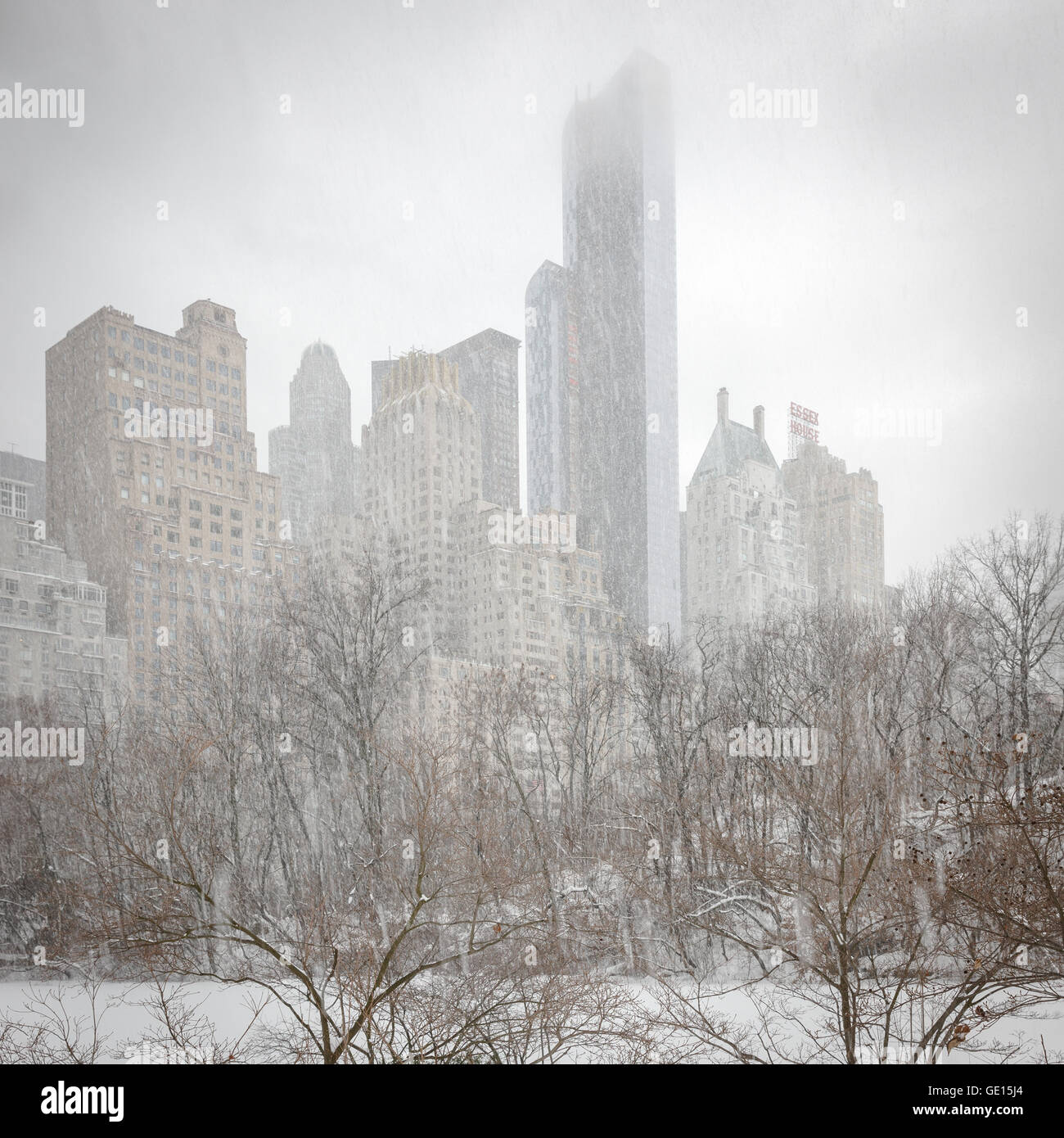 Tempête de neige à Central Park près de l'étang avec Midtown gratte-ciel et nuages bas. New York City Banque D'Images