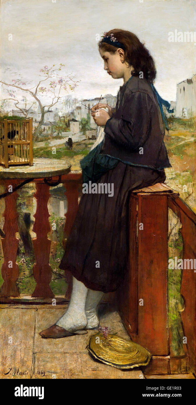 Jacob Maris, 1869 Tricot Fille sur un balcon, Montmartre. Huile sur toile. Gemeentemuseum Den Haag, La Haye, Pays-Bas. Banque D'Images