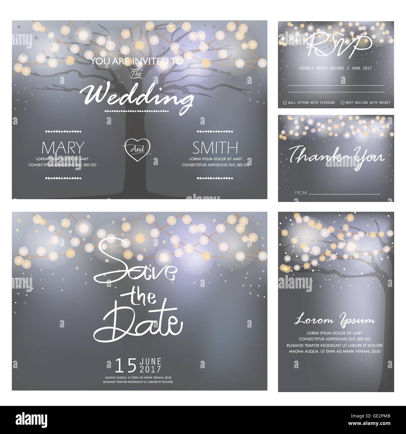 Invitation de mariage, RSVP, et merci à vous modèles de cartes de lumière et de concept de l'arbre. peut être utiliser pour l'invitation à une fête, bannière, pag web Illustration de Vecteur